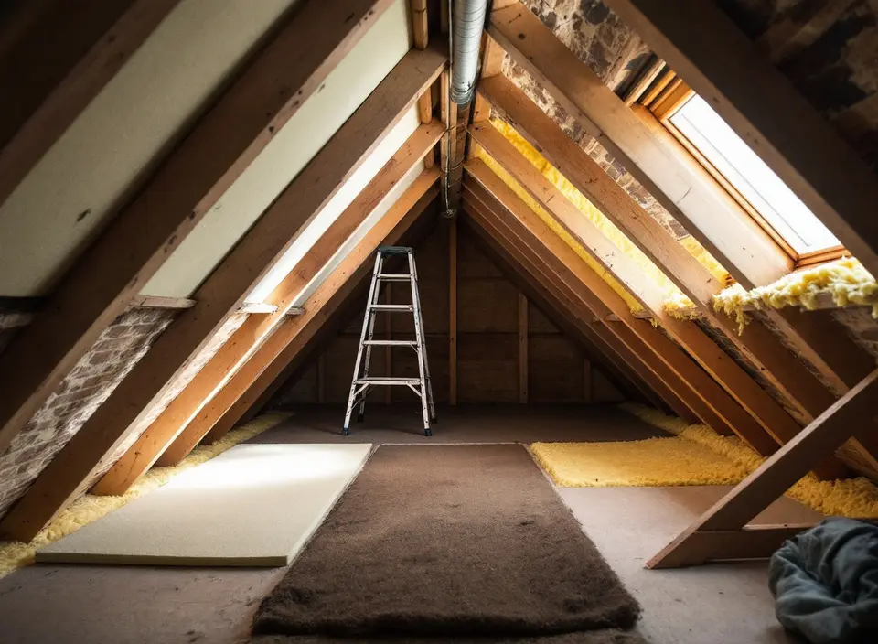 Zolder onder een schuin dak met links schuimplaten en rechts gele minerale wol tussen de sporen
