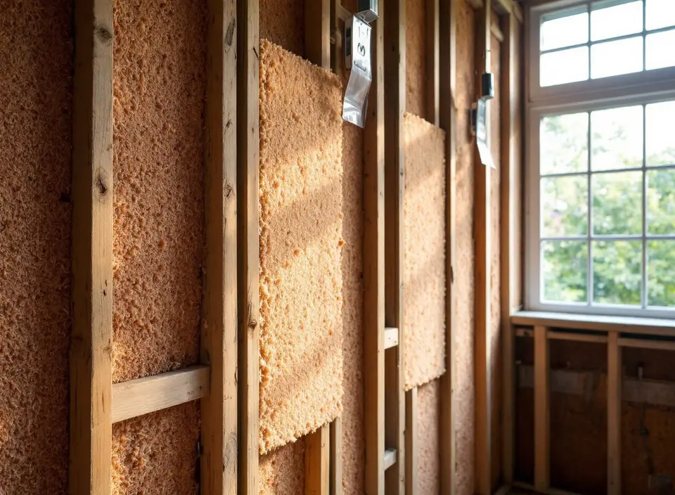 Bruine houtvezelplaten in een houten regelwerk tegen een muur in een huis dat verbouwd wordt