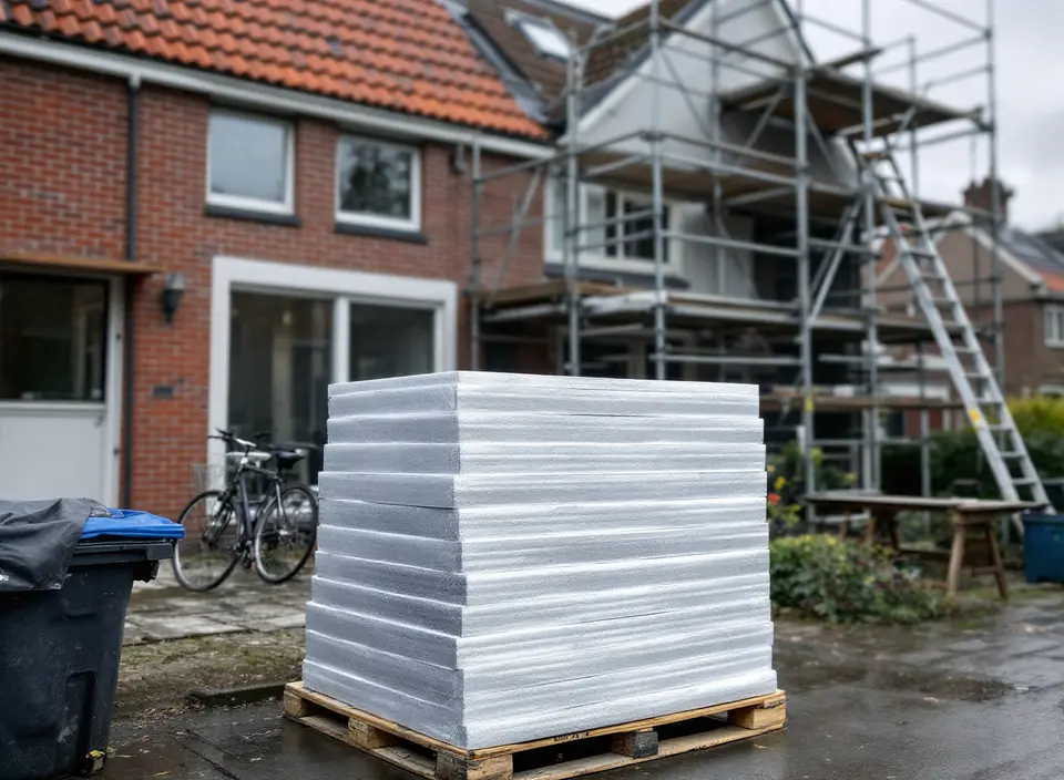 Een stapel witte schuimplaten op een pallet voor een bakstenen rijtjeshuis met een steiger