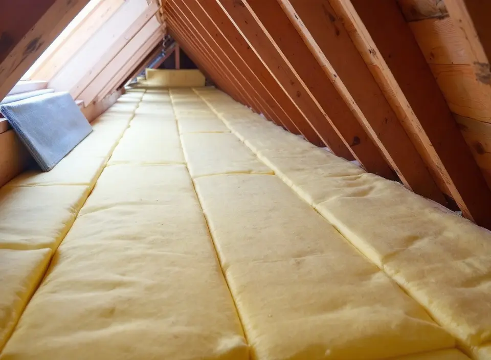 Gele glaswol tussen de houten sporen van een schuin dak, van binnen op zolder gezien