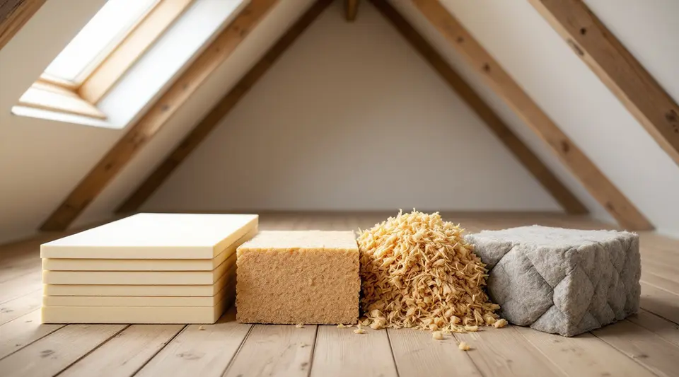 Vier soorten isolatiemateriaal naast elkaar op de vloer van een zolder: schuimplaten, houtvezelplaat, losse vezels en een grijze deken